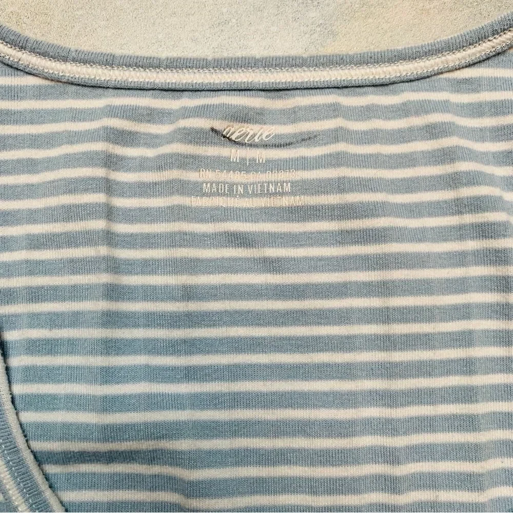 Aerie Blue & White Striped Ribbed Cropped Henley Tank Top | Medium - Picture 2 of 7